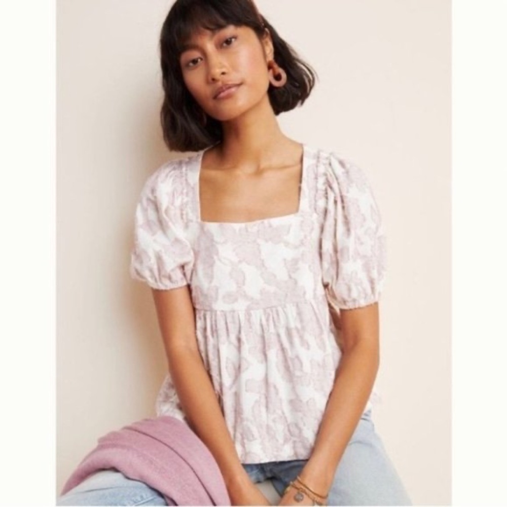 Maeve Pink Cream Floral Puff-Sleeve Square-Neck Blouse